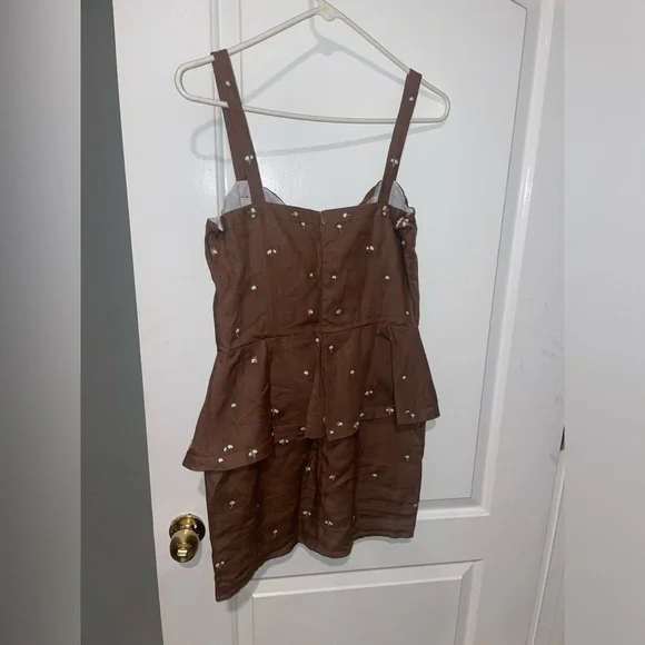 New Fanm Mon Helaina Floral Embroidered Bow Sweetheart Mini Dress🤎Small NWT!